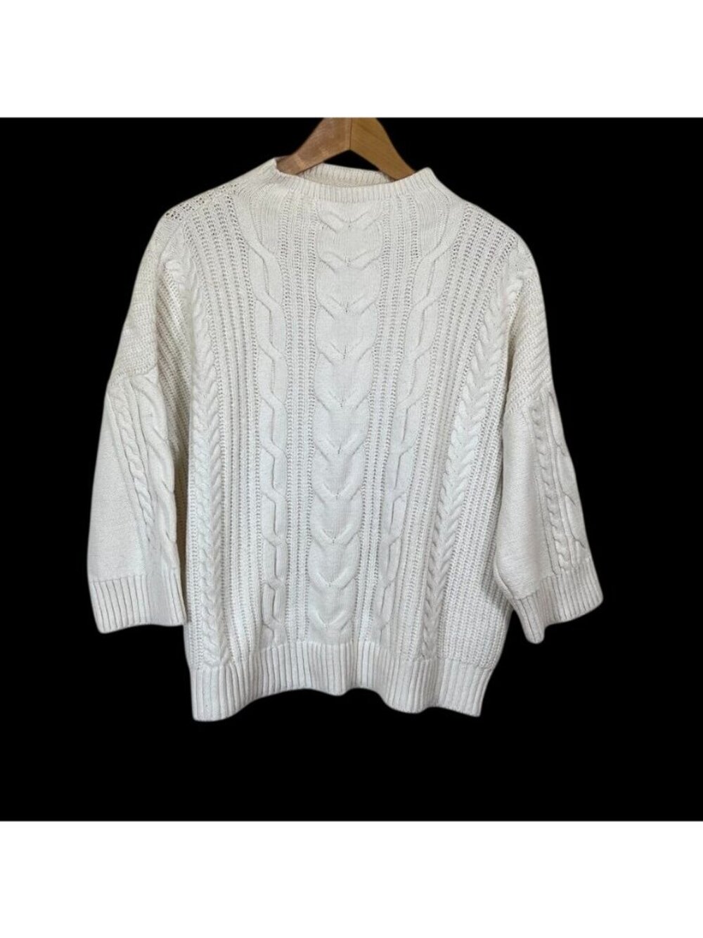 Ivory Chunky Cable Knit Sweater Cotton Blend 3/4 Sleeve Fisherman Old Money L